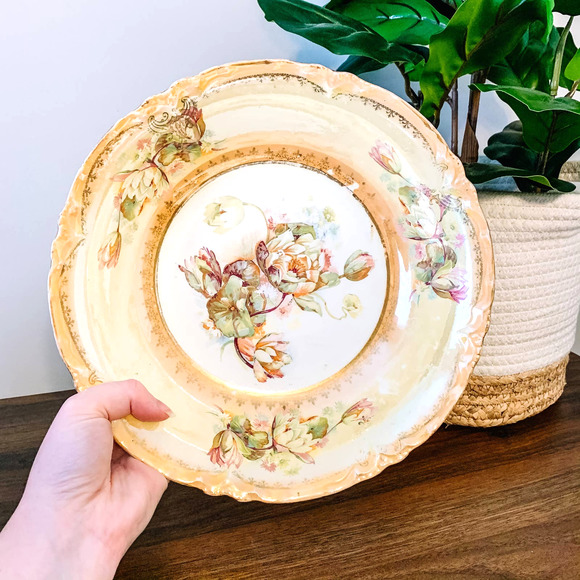 VTG Gold Floral Large Serving Bowl Dish Antique